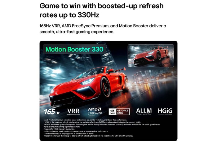 LG Micro RGB evo AI MRGB95 with Ultimate Gameplay shows a vibrant, high-speed racing scene with a blurred comparison inset highlighting Motion Booster 330, while supporting 165 Hz, VRR, AMD FreeSync, ALLM, HGiG, and GeForce NOW. 